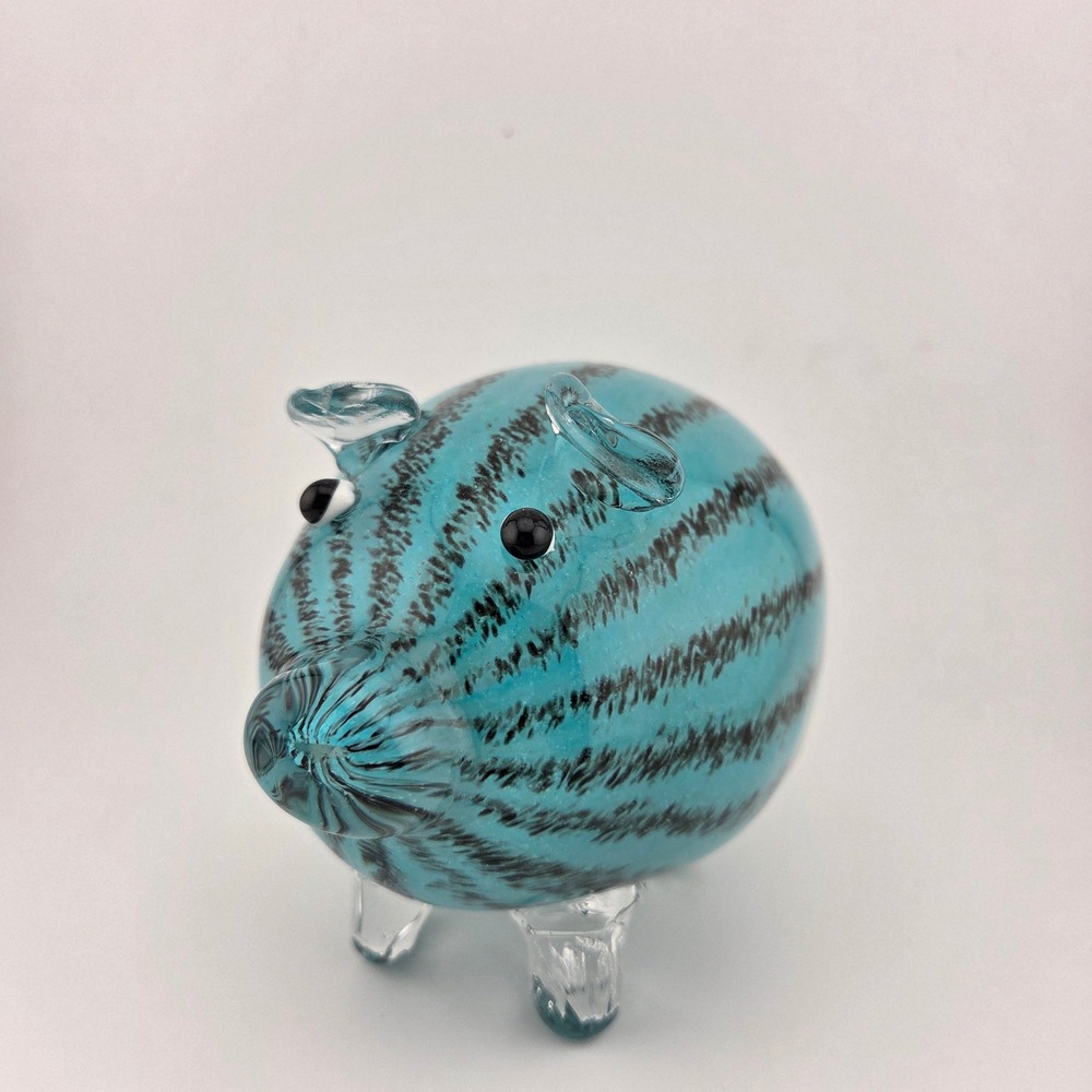 Stephanie Miron Venetian Art Glass Watermelon Pig Figurine MCM‎ Blue Striped